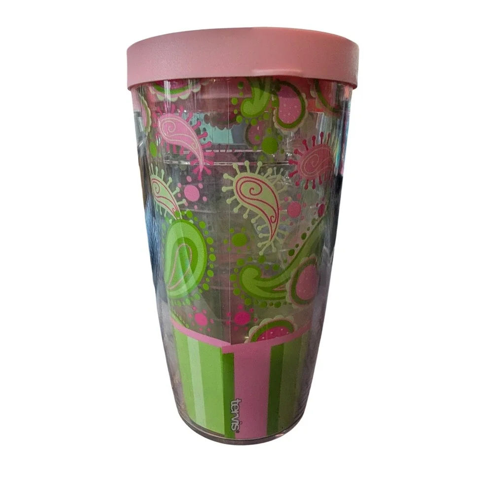Tervis 16oz Insulated Travel Tumbler Pink Green Paisley Striped Double Wall Lid